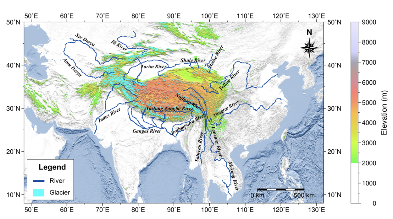 Glaciers and rivers originating on the Tibetan Plateau, and surroundings areas.