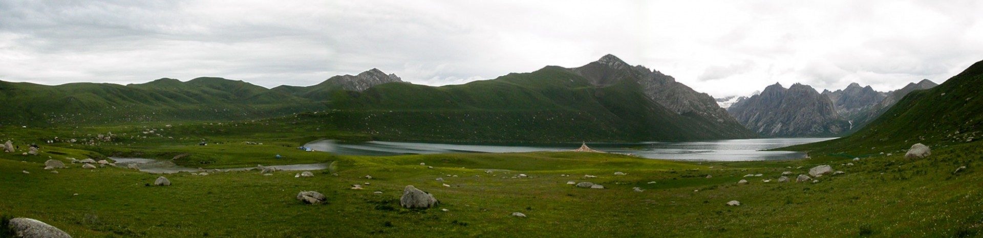 Lush field and lake in front of mountains